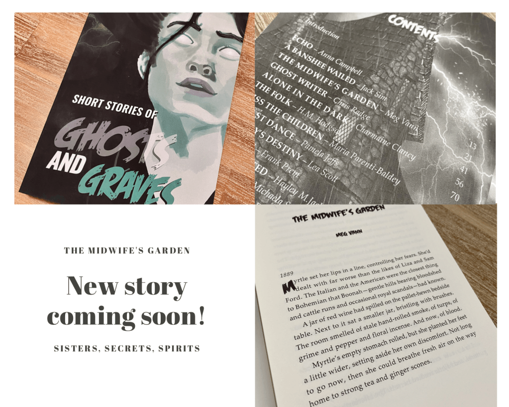 Collage of images: book cover, contents page, title page of The Midwife's Garden